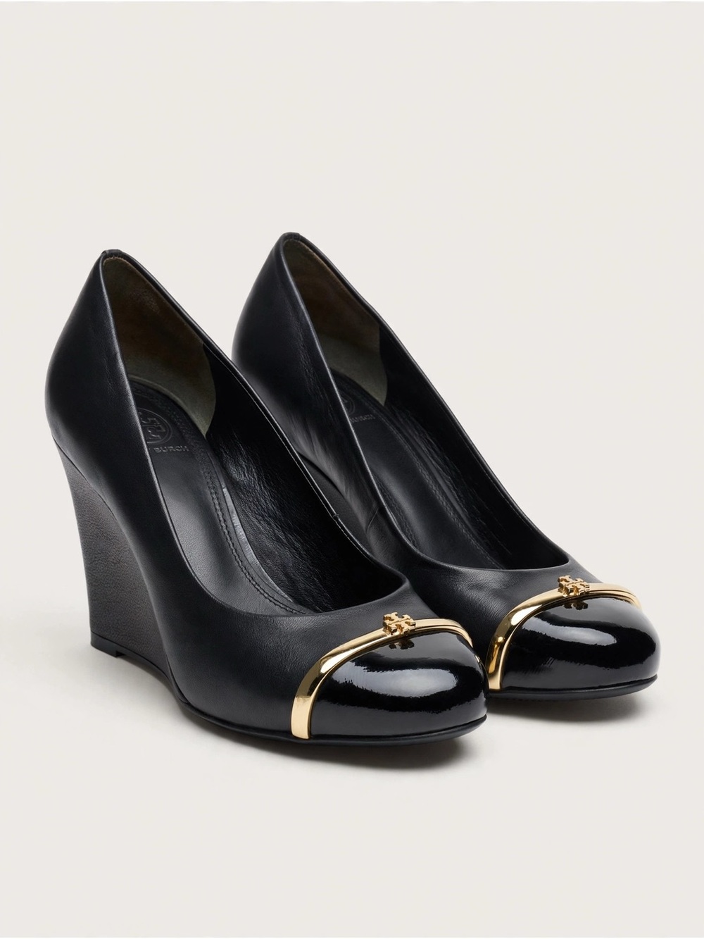 Tory Burch Black Wedge Pumps with Gold Toe Trim